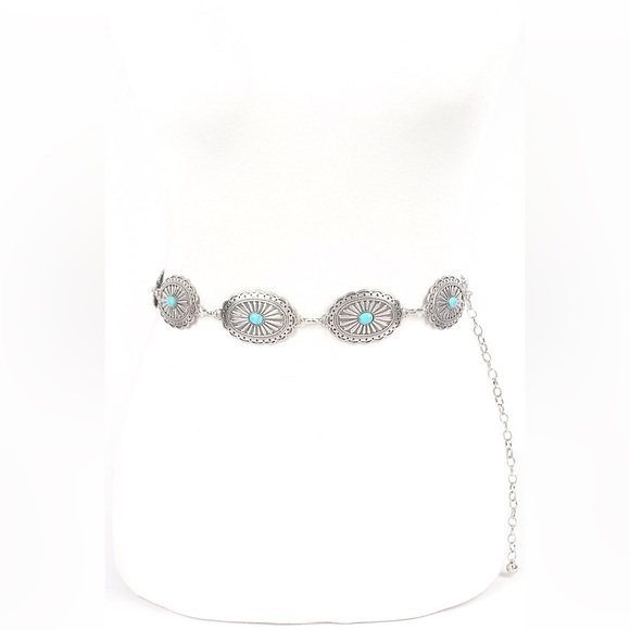 Accessories - Turquoise & Silver Western  Adjustable Chain Statement Belt